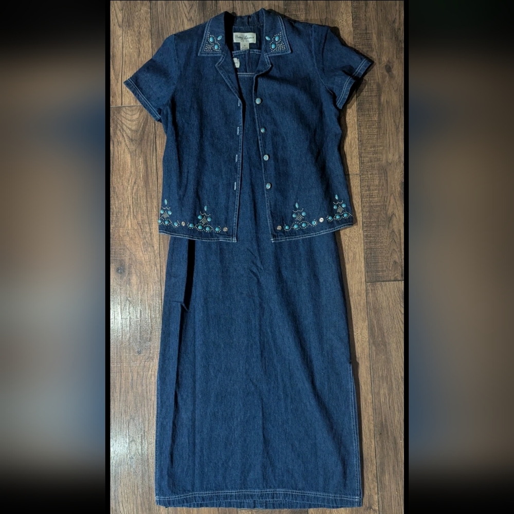 Betsy Lauren Vintage Denim Maxi Dress Short Sleeve Shacket Sz 10 Turquoise Studs